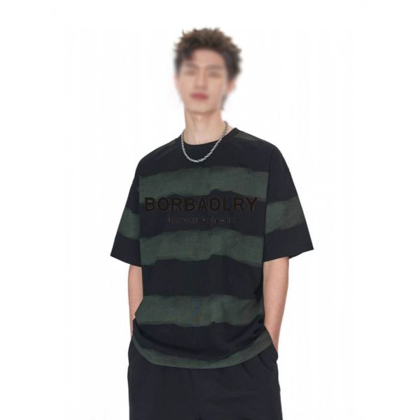 Wholesale 220g T-shirt Cotton Fashion Casual Loose Striped Top Tie-dye Craft Dropped Shoulders Round Neck Short Sleeve