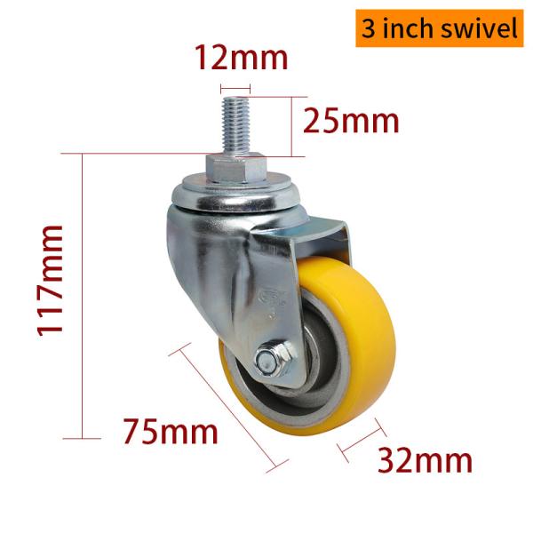 EDL à charge moyenne 3 pouces 150 kg roue à filetage en TPU jaune par pivotement et type de frein 503S-86A