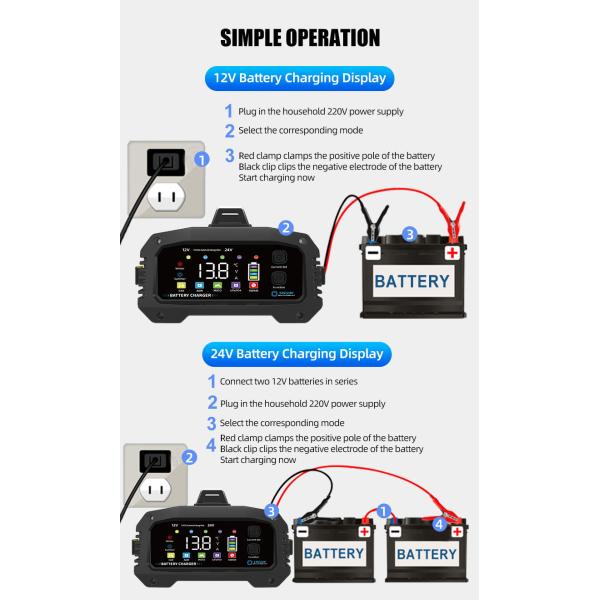 Функция Muti Зарядщик батареи 12V/24V Зарядщик батареи мотоцикла и вспомогательный стартер автомобиля