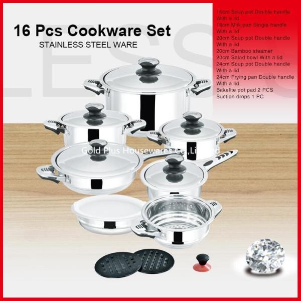 Kitchenware 30pcs stainless steel cookware pot set long handle milk pot and double ear stock pot with glass lid