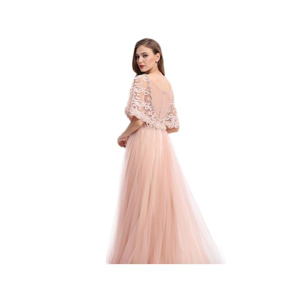 Flexible Sleeve Illusion Half Sleeve Evening Dresses V Neck Tulle Backless
