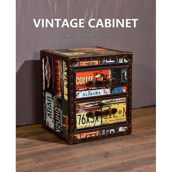 Nidea #8518 Handcrafted Durable Multi-Purpose Vintage Wood Antique Home Furniture Living Room Cabinet Retro License Plate Design Featuring