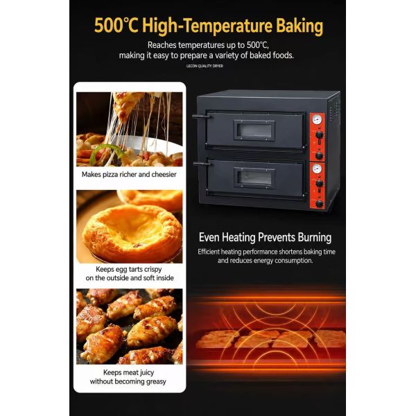 Professional Double Deck Commercial Pizza Oven with 500°C High Temperature and Independent Dual-Zone Control