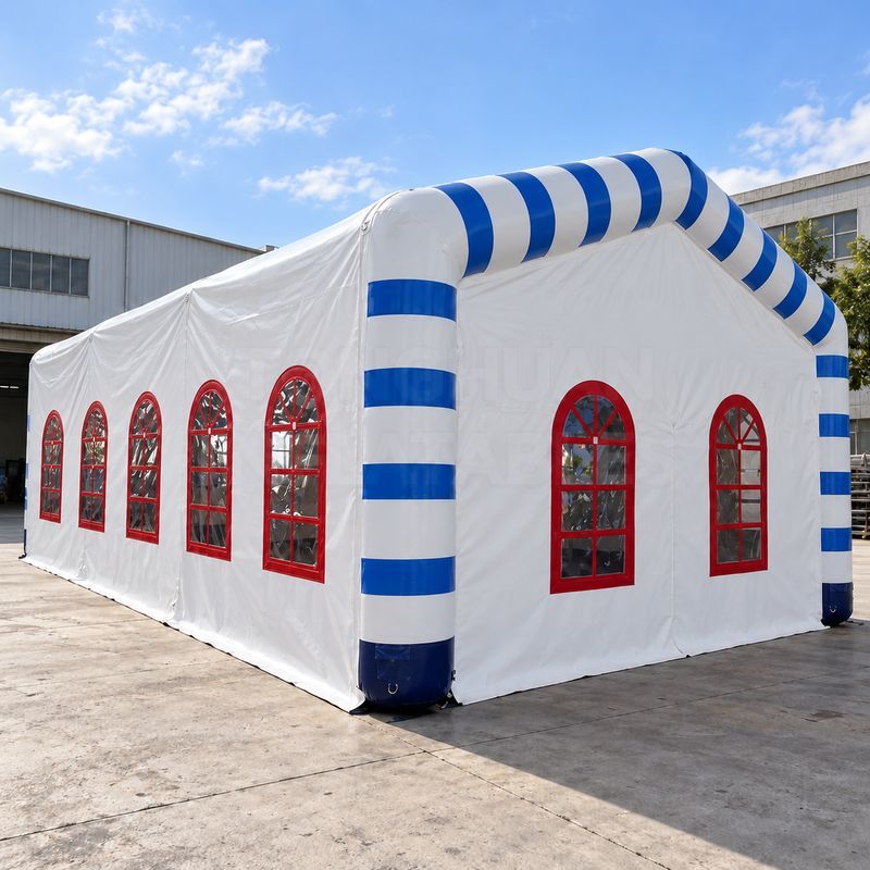 Custom Blue and White Inflatable Event Tent with Red Arched Windows for Outdoor Parties and Commercial Activities