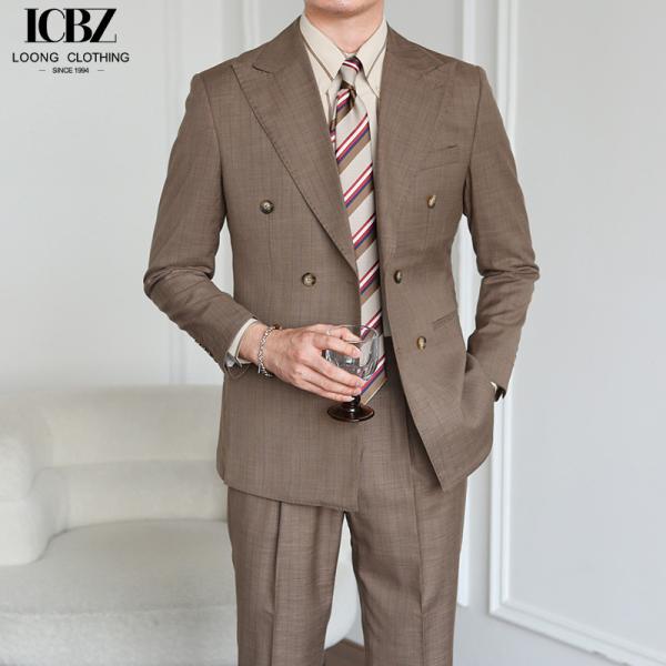 Italian Vintage Brown Suit Double Breasted Striped Jacket for Men's Professional Look