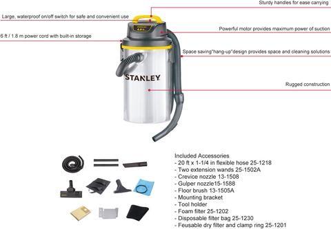 Silver Industrial Vacuum Cleaners 13L 4HP Hang Up Stainless Steel Stanley