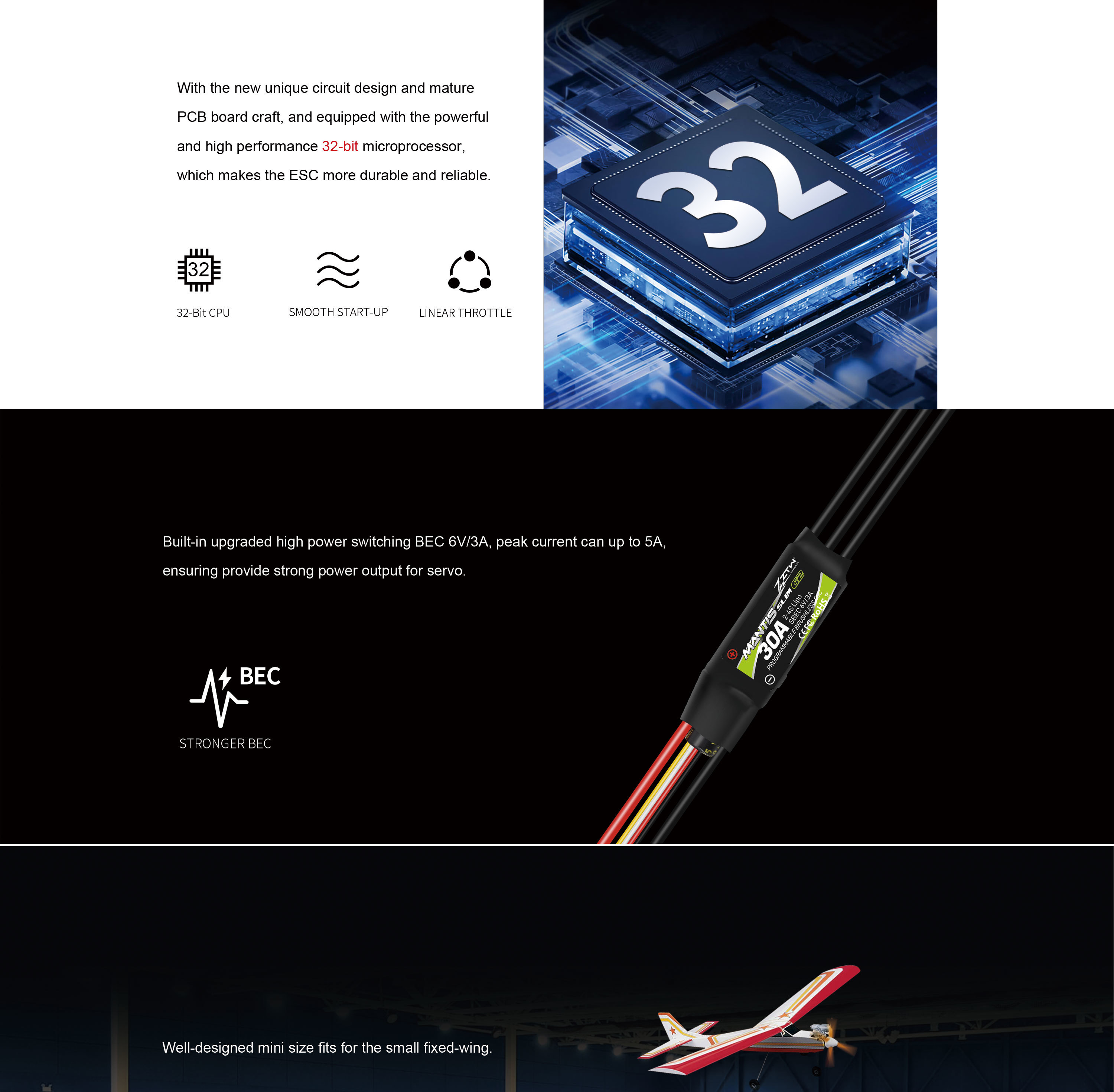 2S-4S ZTW Mantis Slim 30A SBEC ESC G2 6V/3A BEC For Park Flyer