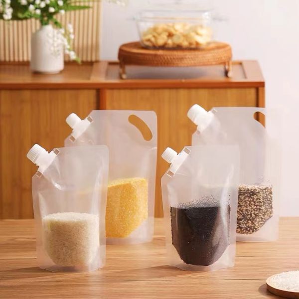 MOQ 100pcs  Transparent Heat Resistant Stand Pouch Spout Top for Food Grade Beverage Olive Oil Grain Storage 100-500ml Recycled