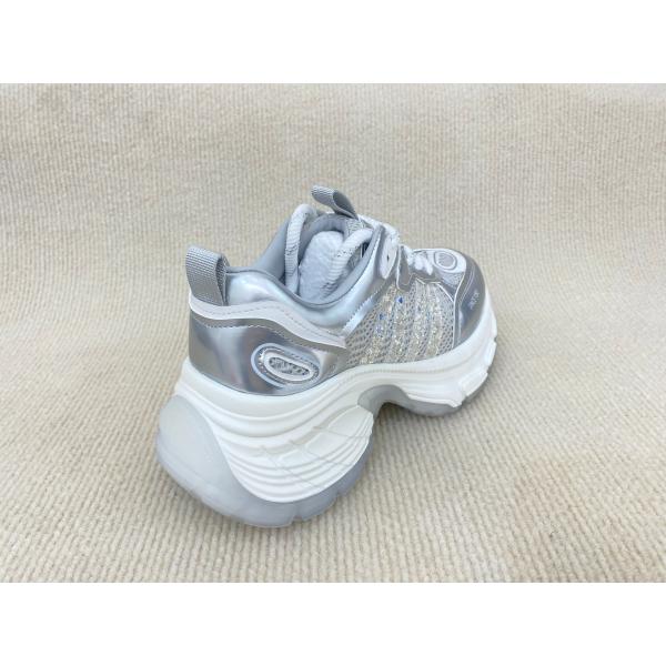 Women white running shoes with thick soled and breathable mesh upper genuine leather