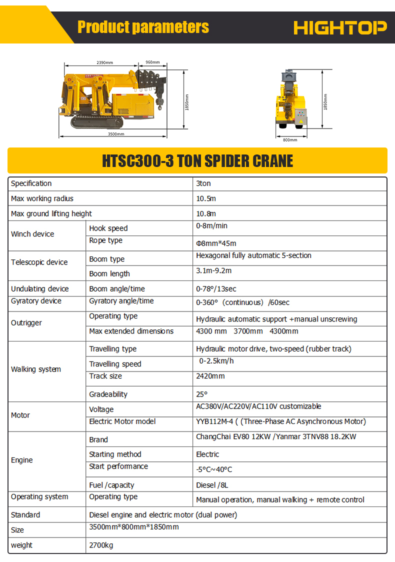 HTSC300-3 Ton Crawler Spider Crane with 10.5m Max Working Radius