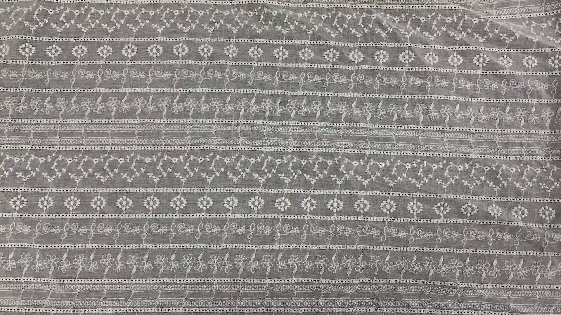Horizontal Striped Eyelet Embroidery Cotton Fabric,  Vintage Striped Floral chicken  Embroidery Cotton Lace Fabric Multi-Pattern Hollow Cutwork Lace for Summer Dresses Blouses Bridal Garments