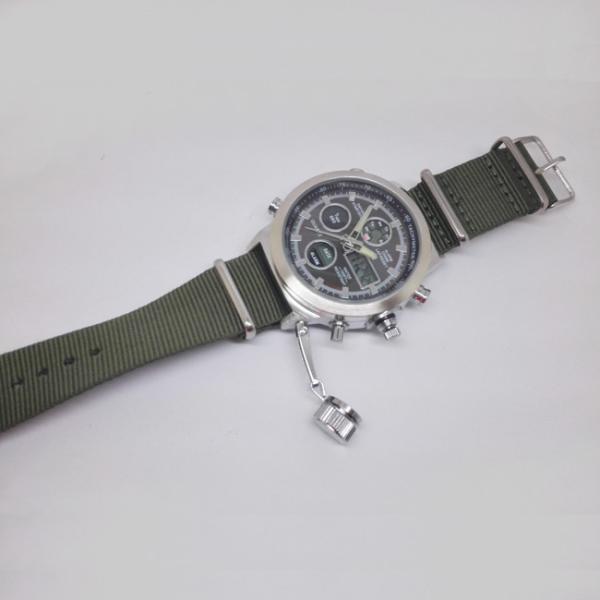 Mens Sport Style Stainless Steel Caseback Watches , Dual Time Digital Analog Watch With Nylon Strap