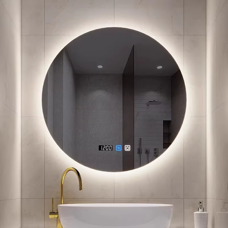 Kingstin Frameless LED Backlit Bathroom Mirror, Anti-Fog Smart Vanity Mirror with Time Display, 3 Color Dimmable Wall Mirror