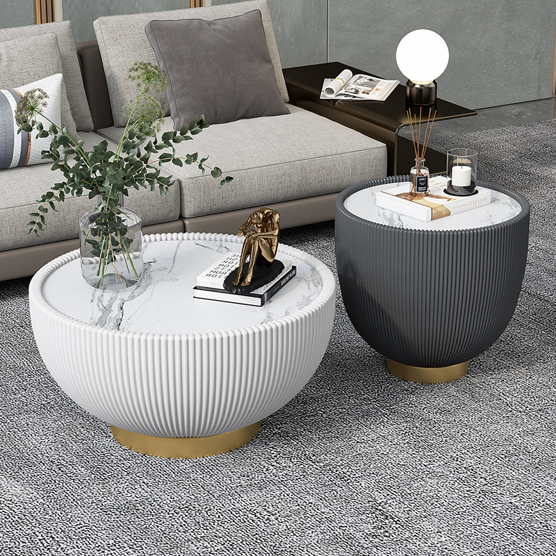 Modern Design Iron Frame Sofa Side Table with Sponge PU Base Bowl-Shaped Rock Plate Top for Tea Coffee Living Room Furniture