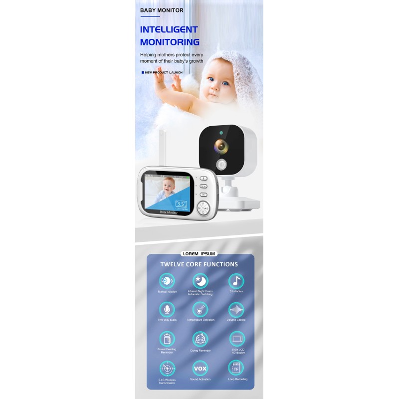 Smart Baby Pet Monitor Surveillance Camera 3.5 Inch LCD Screen 2.4G Wireless Transmission Real Time Monitoring Two-Way Audio