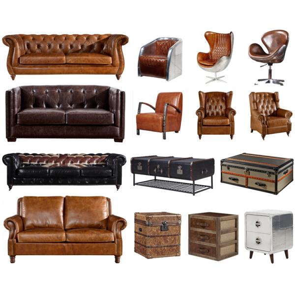 Durable High Back Leather Armchair Vintage Top Grain Brown Living Room Furniture