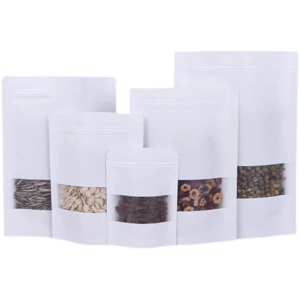 Multi-Size Recycled Kraft Paper Bag with Clear Window and Resealable Zipper for Food Grade Dry Storage