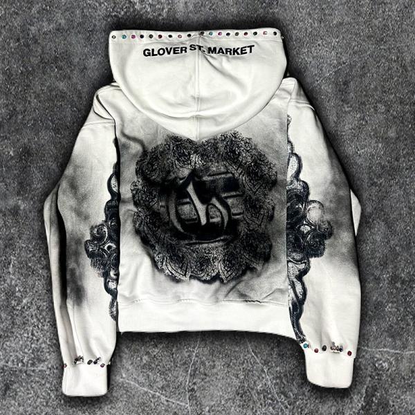 Dirty Style Rhinestone Zip Hoodie Diamond Zip Up Hoodie Screen Print Logo