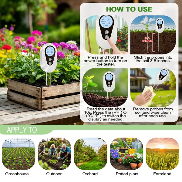 Digital 4-in-1 Soil PH Moisture Temperature Sunlight Tester With Backlit LCD For Garden Agriculture