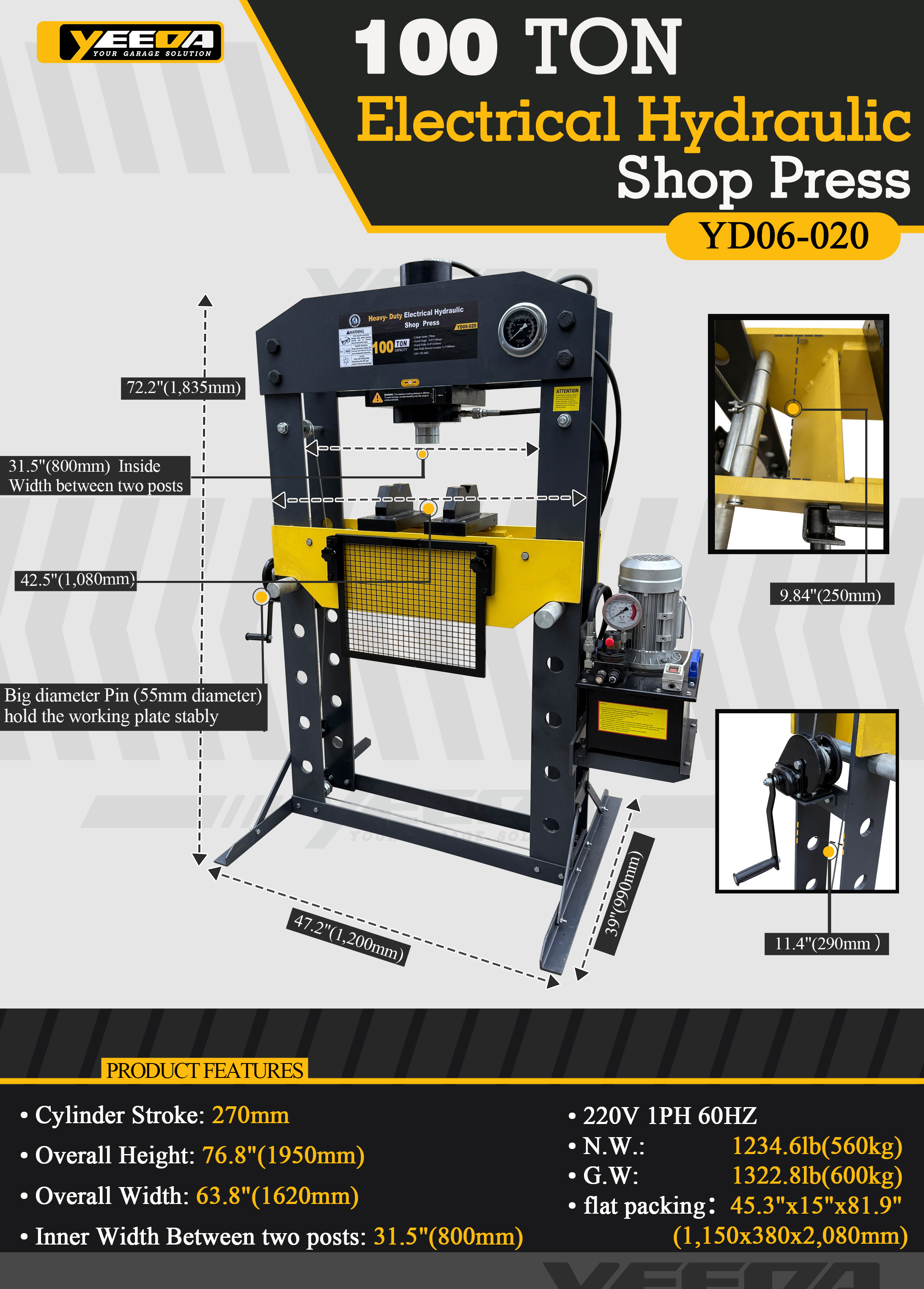 100 Ton Capacity Electrical Hydraulic Shop Press with 220V 1PH 60HZ Power and 270mm Cylinder Stroke