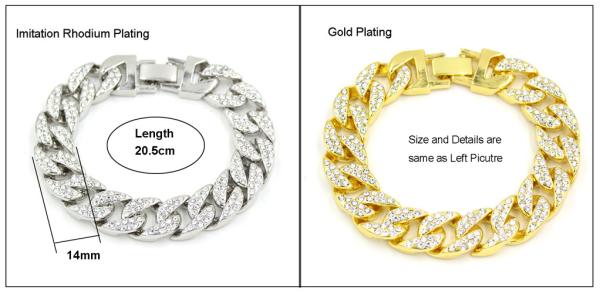 Hot Sale 14mm Miami Cuban Link Chain Curb Bracelets Rhinestone Chain Choker Cuban Chain Bracelets for Men Women Jewelry