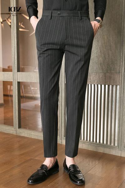Autumn Formal Pants for Men Thick Stripes and Mid Waist Design Plus Size Trousers