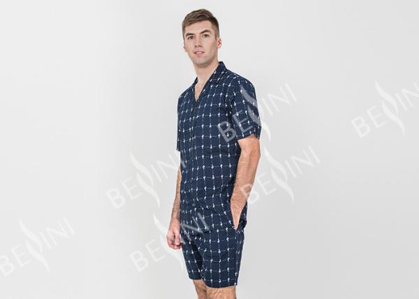 Navy Blue Mens Luxury Sleepwear Button Through Shirt And Short Pants Eco Friendly