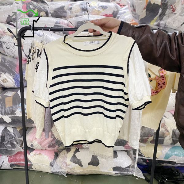 Polyester Cotton Used Summer Clothing Women Knitted Short Sleeved Shirt Formal Blouses