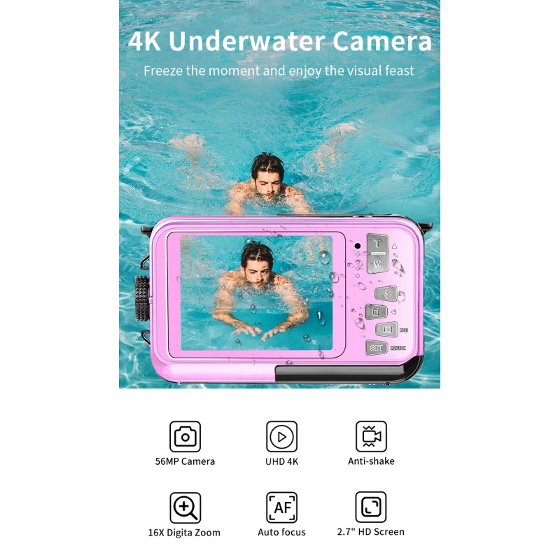 4K Underwater Camera 56MP UHD Video 16X Digital Zoom Anti Shake Auto Focus 2.7 Inch HD Screen for Snorkeling Diving and Swimming