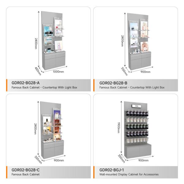 Makeup Shop Design Grey Oiled Wooden Board Skincare Back Cabinet With Light Box For Branded Shop Table And Premium Display Counter