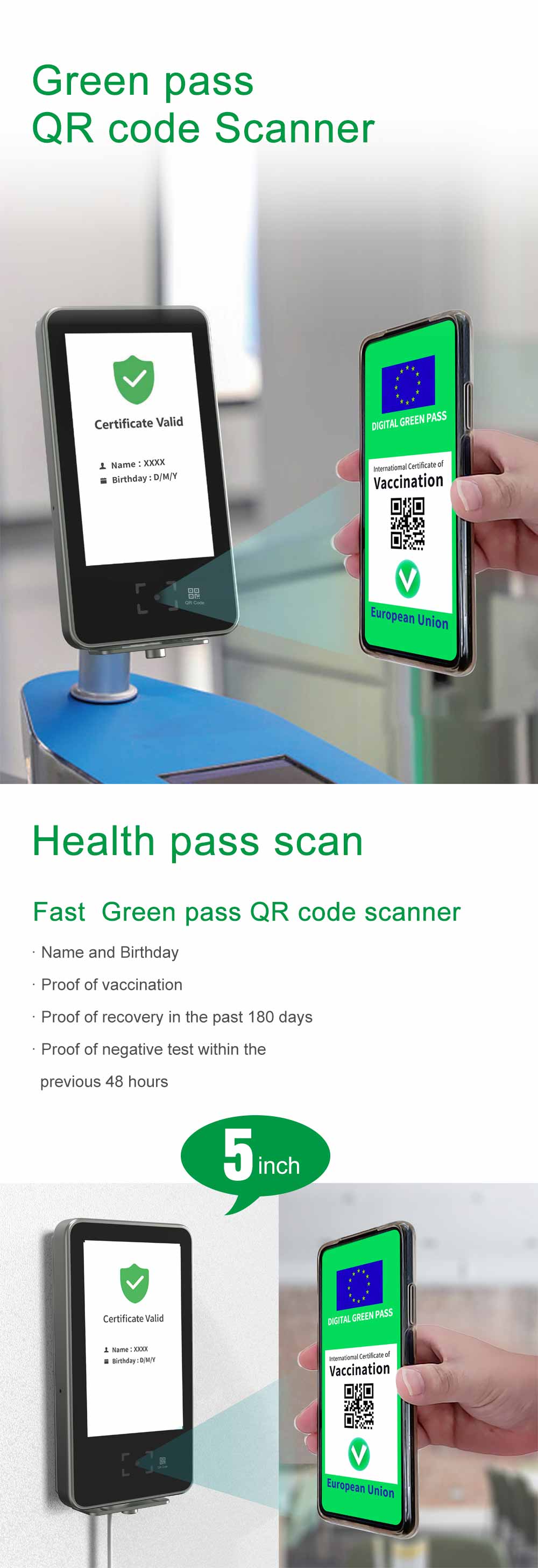 5 пропуск зеленого сертификата ЕС цифров блока развертки карты LCD QR дюйма вакционный
