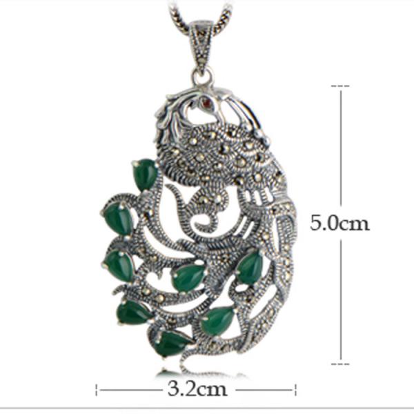 Vintage Thai Sterling Silver Green Agate with Marcasite Peafowl Pendant Necklace(N017961W)