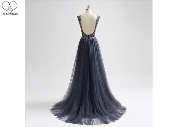 Long Tail A Line Ball Gown Navy Blue V Neck No Arm Backless Heavy Beading Tulle