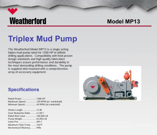 MP5 MUD PUMP, MP10 MUD PUMP, MP13 MUD PUMP, MUD PUMP FOR OILWELL DRILLING, WEATHERFORD MUD PUMP, MP16 MUD PUMP