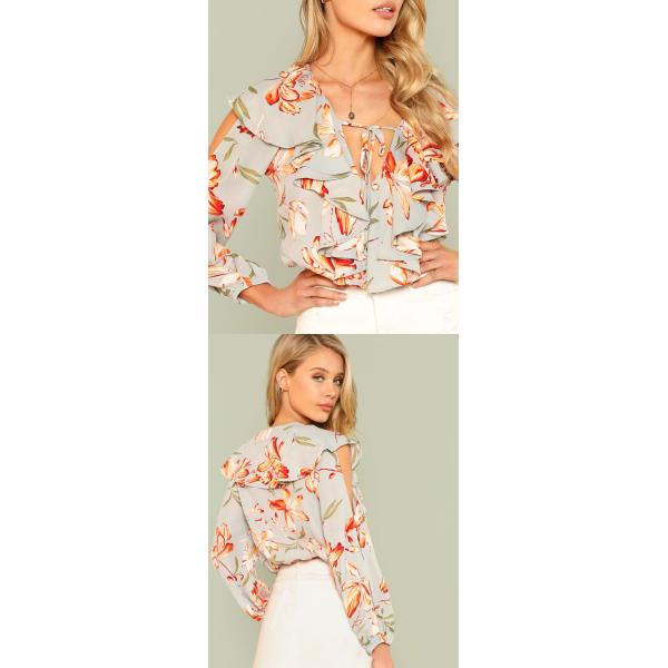 Fashion Floral Print Summer Women Blouse With Ruffle