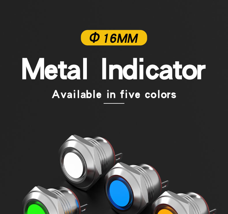16MM Metal LED Indicator Light, High Bright 5 Colors Red Green Yellow Blue White 2 Pin Welding Foot 6V 12V 24V 220V