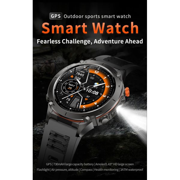 Outdoors Y101 Smart Watch 1.43inch Amoled 730mAh GPS 3ATM Flashlight Air Pressure Altitude Sports Watches Men Smartwatch