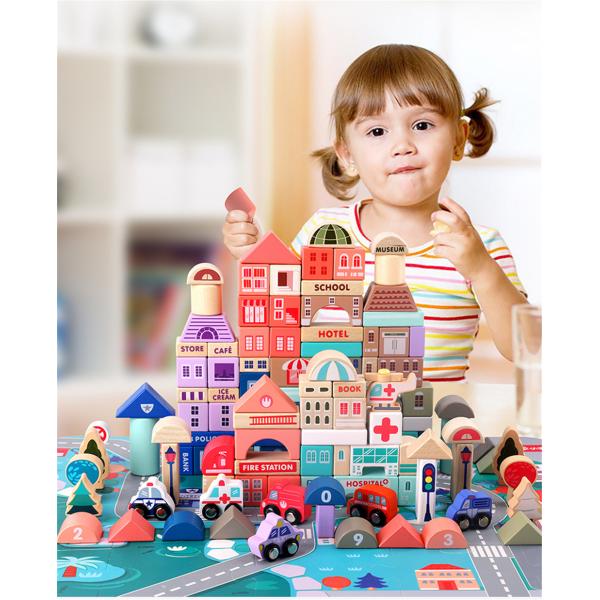 Traffic City Scenes Wooden Building Blocks Toy 115pcs Assembled Early Educational