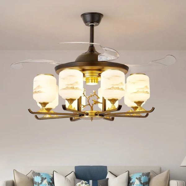 Luxury Ceiling Fan Light Remote LED Electric Fan Light with glass lampshade metal Stealth Fan Light (WH-VLL-28)