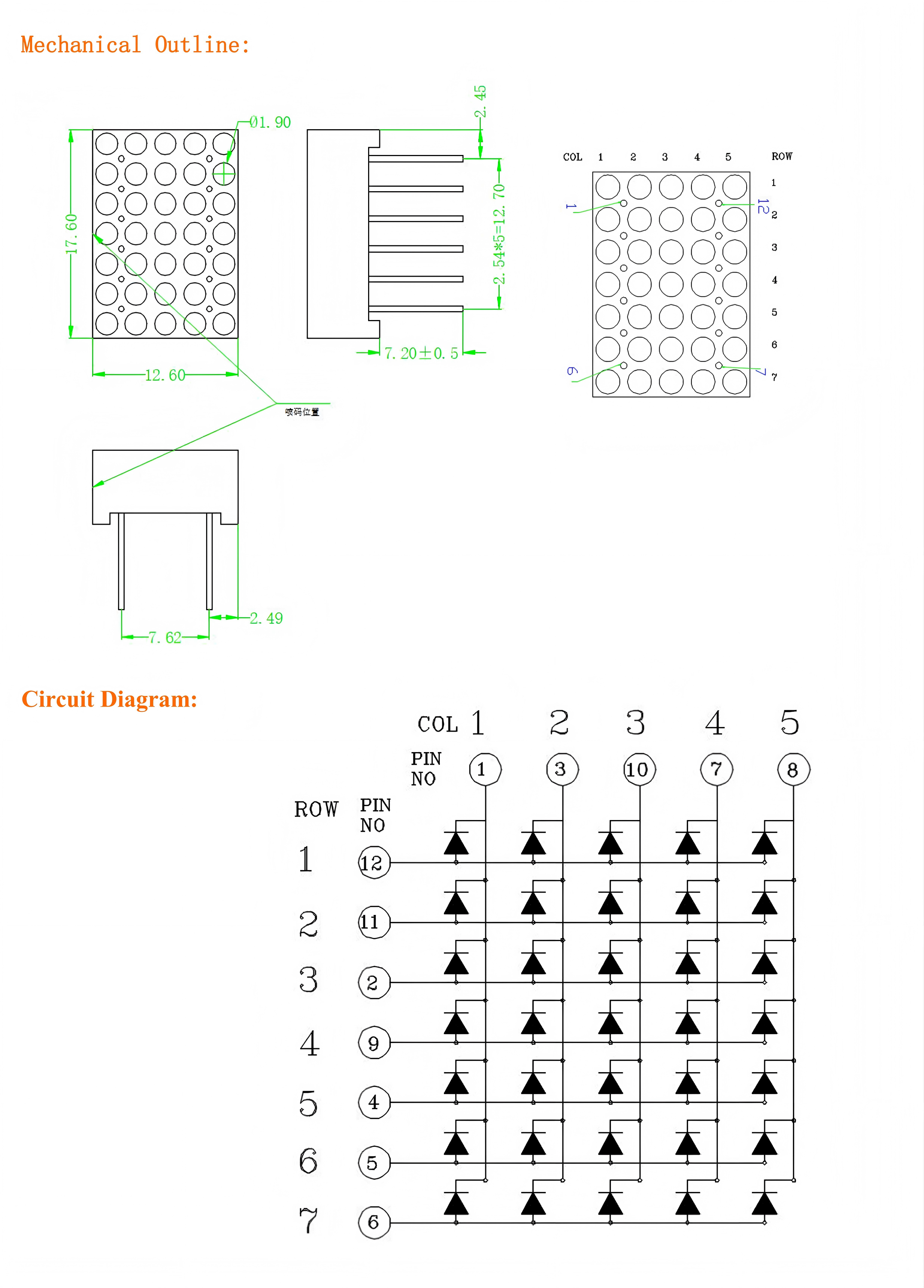 12.6x17.6mm 5x7 Round Type LED Dot Matrix Display Round 1.9mm (Ultra Bright Red/Green/Blue/RGB, Common Anode/Cathode)