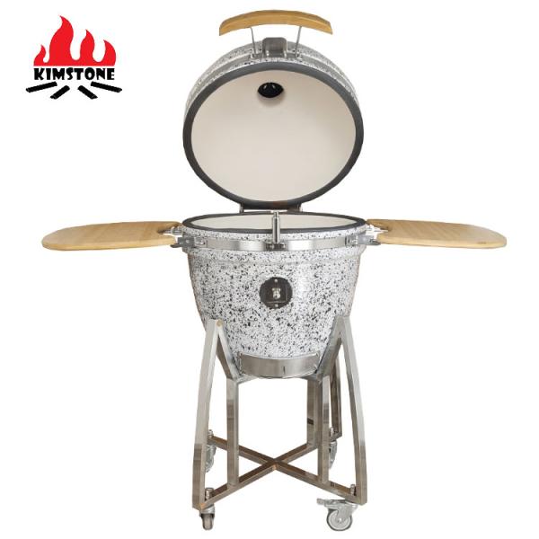 KIMSTONE Kamado-style Grill 21 Inch Black and White Floral Glaze Folding Side Shelves Durable and Reliable