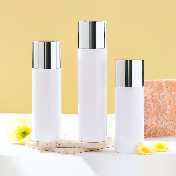 White PET Toner Bottle with Electroplated Silver Cap – High Impact Resistance Skincare Packaging Bottle