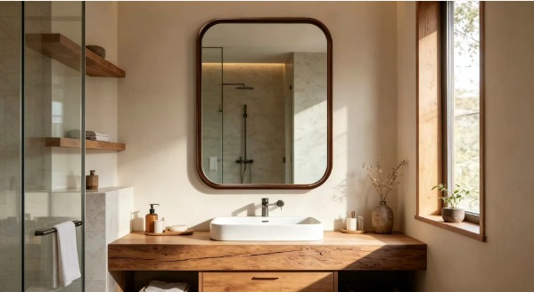 Kingstin Vintage Solid Wood Framed Bathroom Mirror Bathroom Mirror for Wabi-Sabi Retro