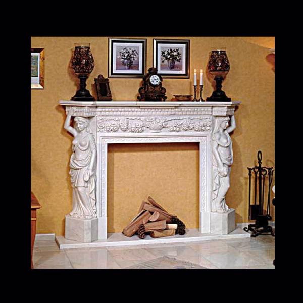 Electric marble fireplace mantel surrounds with stone figure carvings,China marble fireplace supplier