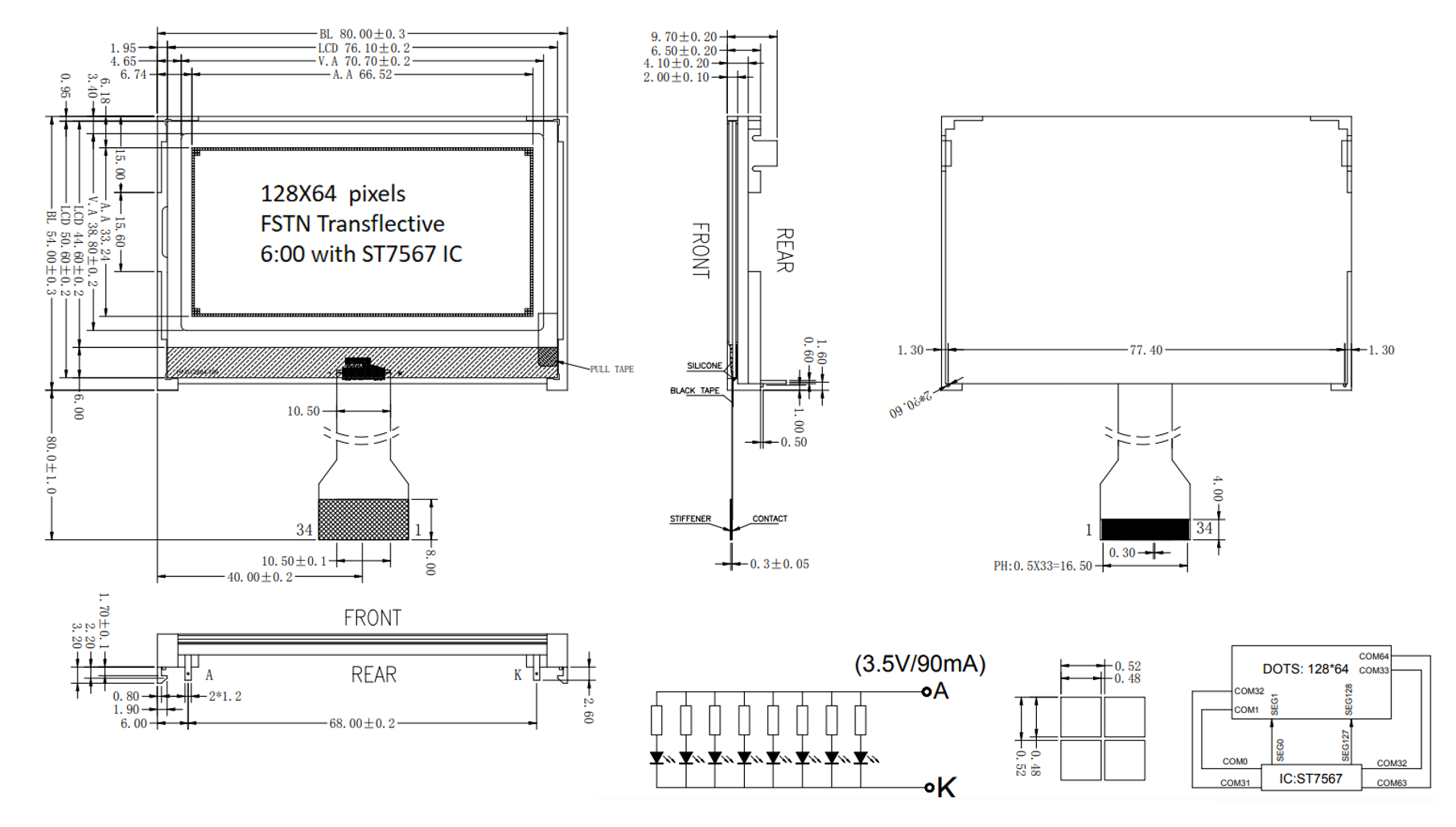 Матрица графических точек FSTN COG LCD 128x64 Dot VDD 3.3V Монохромный дисплейный модуль