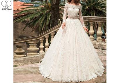 White Lace Elegant Long Sleeve Wedding Dresses Beaded Belt Floor Length