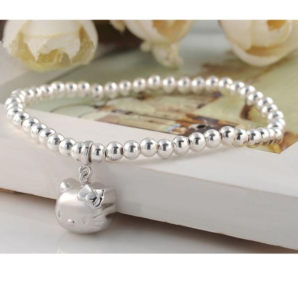5mm Sterling Silver Beads Bracelet with 925 Silver Cat Charm 6.5 inches (B120703)