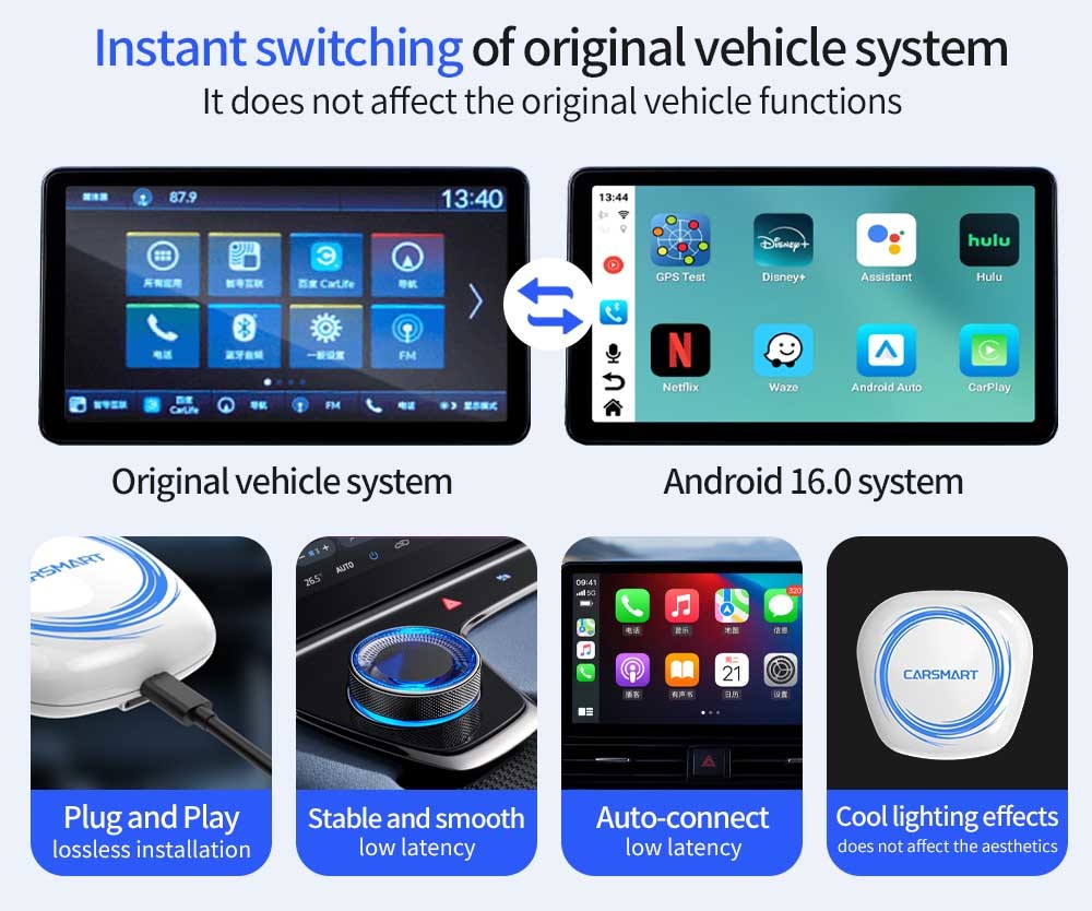 ODM Smart Wireless AI Box Android Adapter Portable 3 In 1 Android 16 For Car