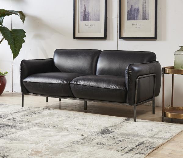 Antique Slate Color Black Leather Two Seater Sofa Bed With Steel Frame Old Finishing
