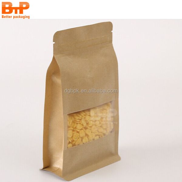 Custom Flat Bottom Stand up Zipper Brown Kraft Paper Resealable Nuts Food Doypack Packaging Pouches Bag With Clear Window